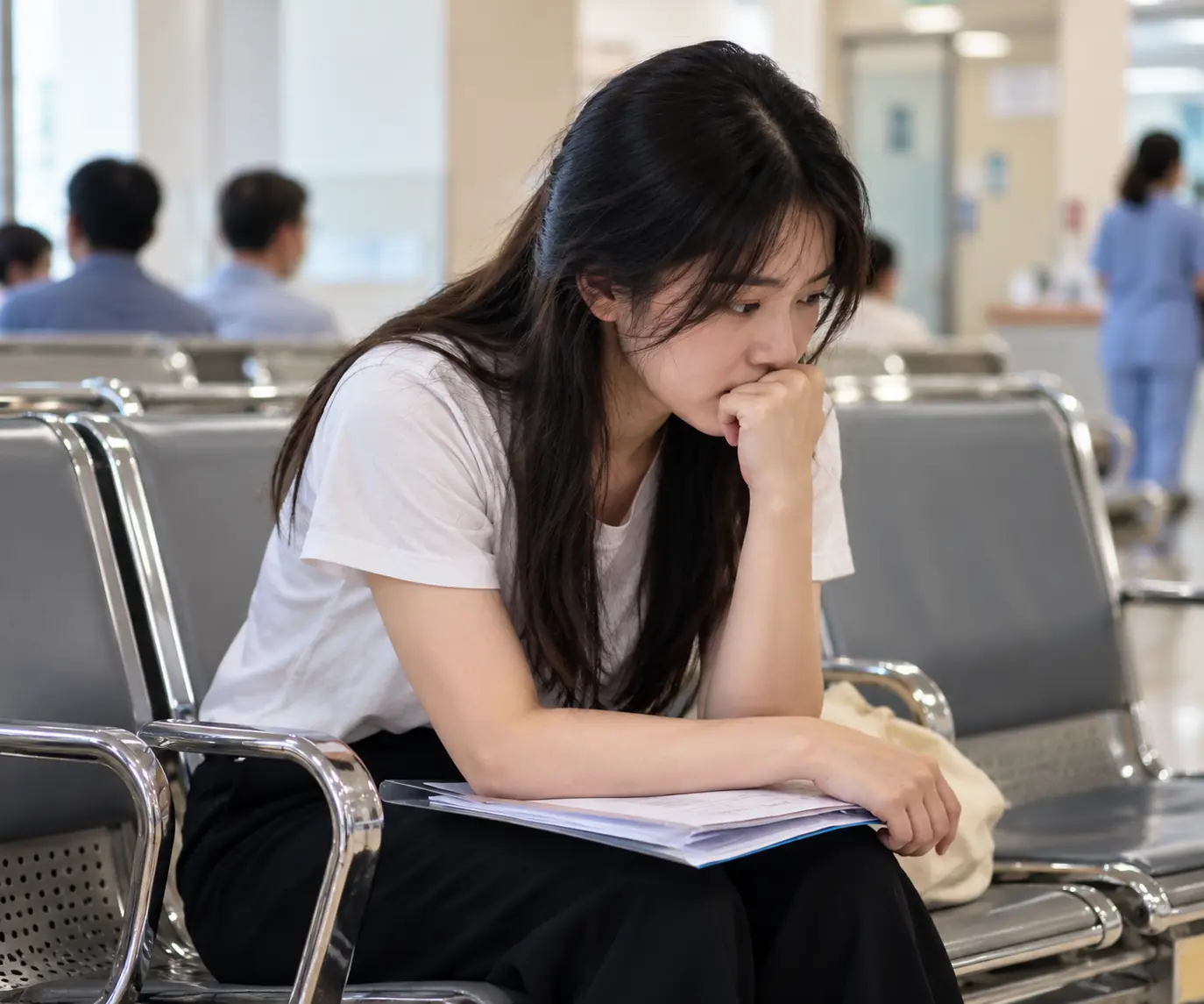 หญิงสาวนั่งรอรับการตรวจในโรงพยาบาล